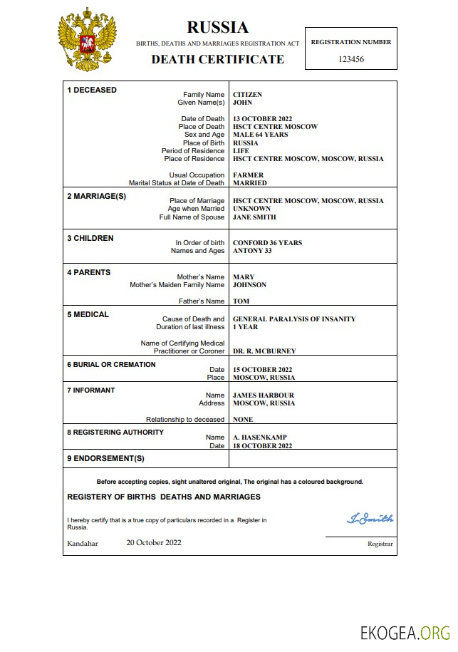 Modèle Word et PDF de certificat de décès en Russie